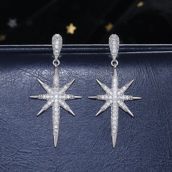 NEW Silver Diamond North Star Drop Earrings - Picture 5 of 9
